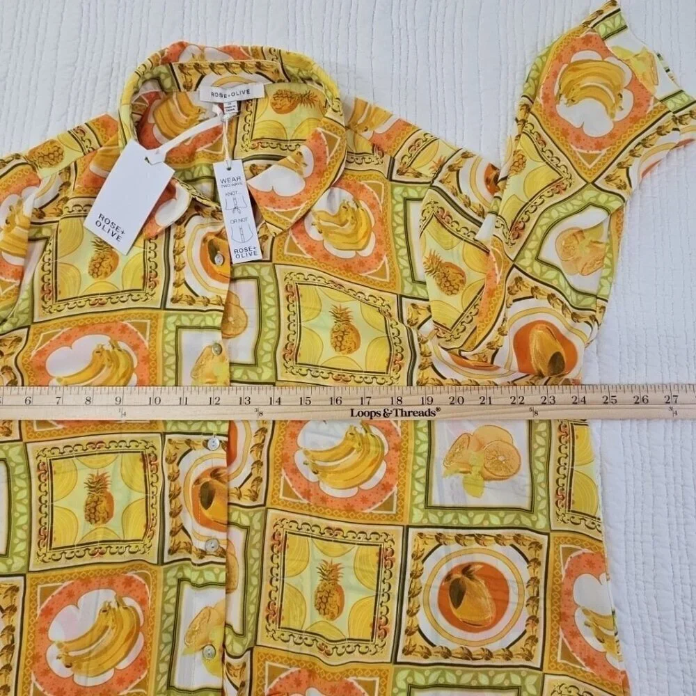 Rose + Olive Top Women's 1X Tropical Fruit Motif Yellow 3/4 Sleeve NWT Old Money